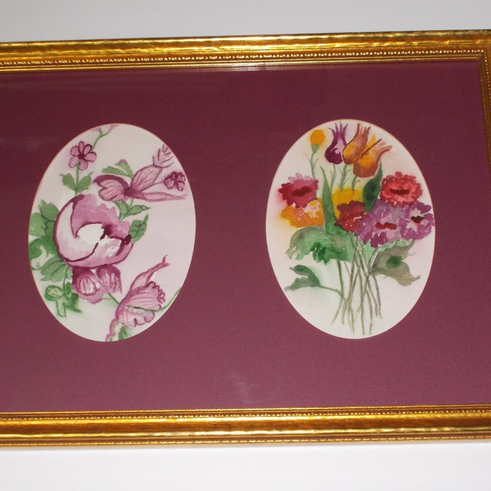 Beautiful oval watercolor art matted & framed
